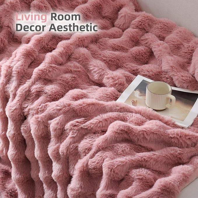 Faux Rabbit Fur Throw for Couch - Old Pink Bubble Blanket 50"x60" | Fluffy Plush Fuzzy Throw for Sofa & Bed, Super Soft Cozy Comfrt Blanket, Luxury Aesthetic Pink Decor Gift for Women