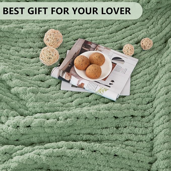 L'AGRATY Chunky Knit Throw Blanket for Couch, 72 x 84 Inches, Sage Green | Handmade Chenille Crochet Blanket for Sofa Bed, Thick Cable Knitted Blankets for Room Home Decor, Birthday Gift for Women Mom