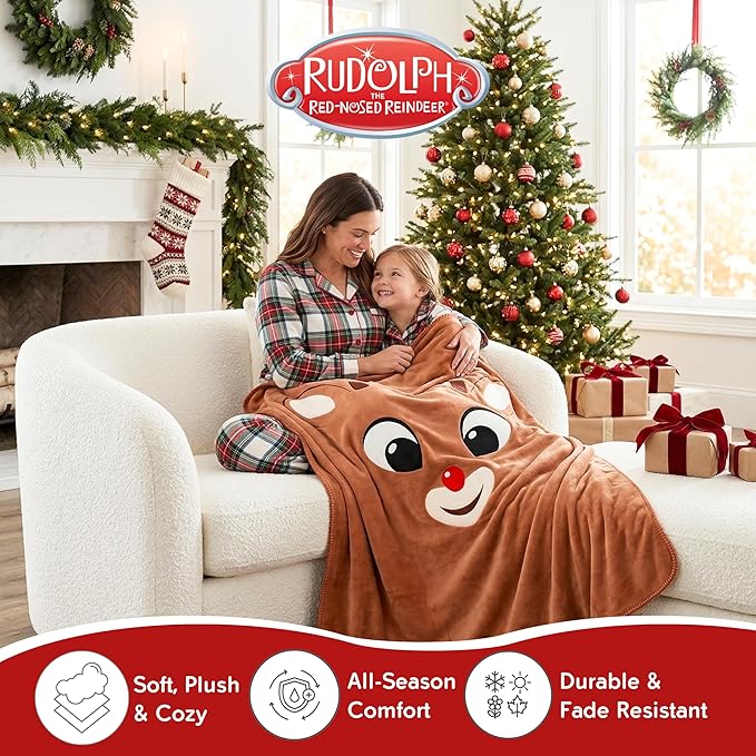 Rudolph The Red Nose Reindeer Holiday Christmas Kids Bedding Soft Plush Cozy Sherpa Blanket Throw, 46 in x 60 in, (Officially Licensed Product) by Franco