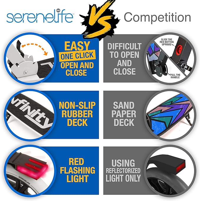 SereneLife Two Wheel Scooter for Teens, Smooth Gliding Kick Scooter for Adults w/Adjustable Height for Ages 8+, Portable All Terrain Scooter w/Carry Straps, Easy to Fold