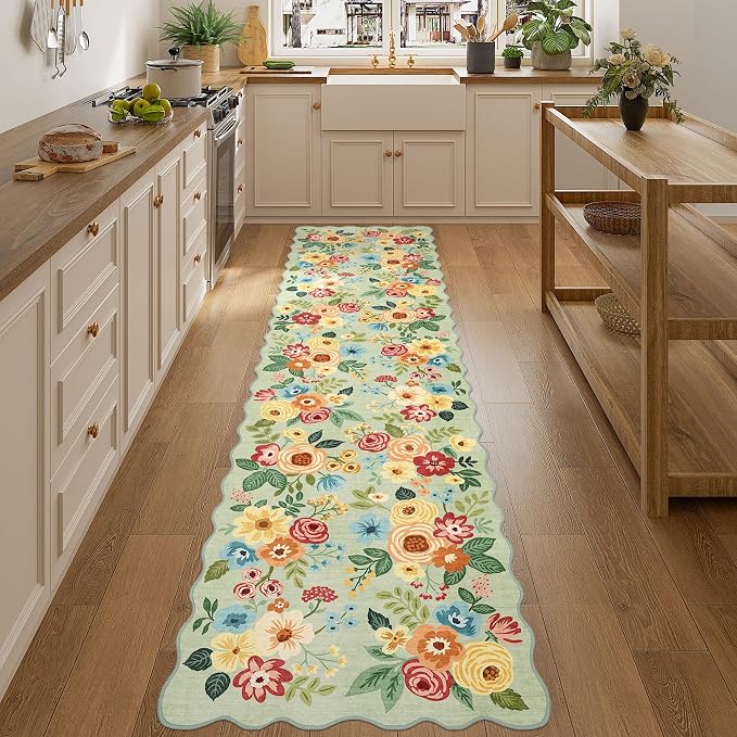 DUKINO 2.6x10 Runner Rug for Hallway, Floral Washable Rug Non Slip, Green | Soft, Low Pile, Lightweight Indoor Throw Rug Runner for Entryway, Bedroom, Bathroom, Laundry, Pet Friendly, Modern Home Decor