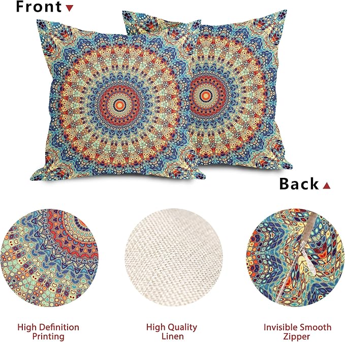 Boho Mandala Floral Pillow Covers 24X24 Inch Set of 2 Navy Blue Orange Abstract Flower Decorative Pillow Cases Colorful Retro Ethnic Cotton Linen Cushion Case Home Decor For Sofa Couch Porch Outdoor