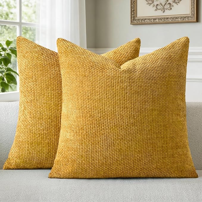a moment Fall Mustard Yellow Chenille Throw Pillow Covers 18x18 Inch Pack of 2 Modern Decorative Throw Pillow Covers Farmhouse Cross Pillows Home Decor for Sofa Bedroom Living Room