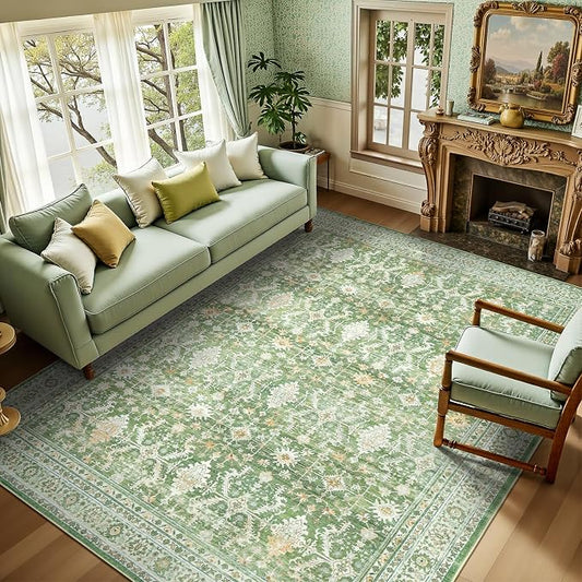 5x7 Area Rugs for Living Room, Washable Non-Slip Carpet, Light Green | Soft Rug for Bedroom, Dining Room, Home Office, Indoor, Nursery, Stain Resistant, Low Pile,Vintage Distressed Rug