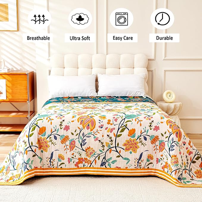 VANJOROY Boho Throw Blanket for Bed, 100% Organic Cotton Breathable Ultra Soft 50" x 60" Quilt Beige Throw - All Season Floral Farmhouse Decor Luxury Reversible Blanket for Sofa Couch Chair and Gift