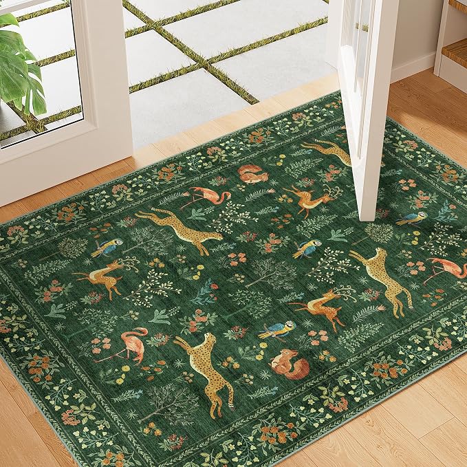 DUKINO 2x3 Entryway Rug, Washable Door Mat Animal Rug for Kitchen, Green | Non Slip, Low Pile, Soft Indoor Small Rug for Entrance, Bedroom, Bathroom, Laundry, Pet Friendly, Lightweight, Non-Shedding