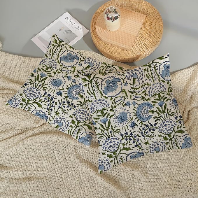 Boho Navy Blue Pillow Covers 18x18 Inch Set of 2 Blue Sage Green Floral Throw Pillows Vintage Flower Outdoor Decorative Pillow Cases Farmhouse Linen Cushion Cover Decor for Couch Sofa Decor