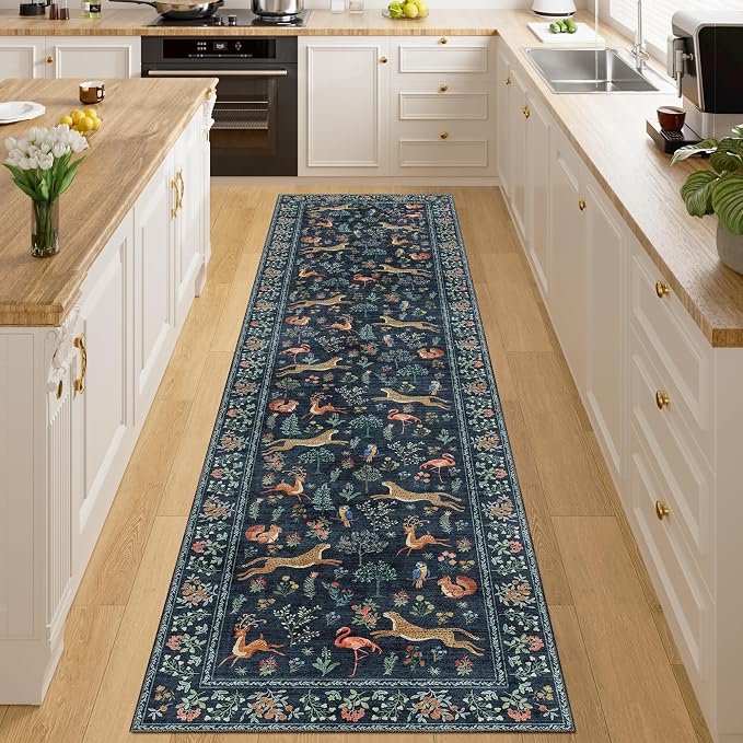 DUKINO 2x8 Washable Runner Rug, Non Slip Animal Kitchen Rugs, Navy Blue | Soft, Low Pile, Non-Shedding Indoor Carpet Runner for Hallway, Entryway, Bedroom, Bathroom, Pet Friendly, Stain Resistant