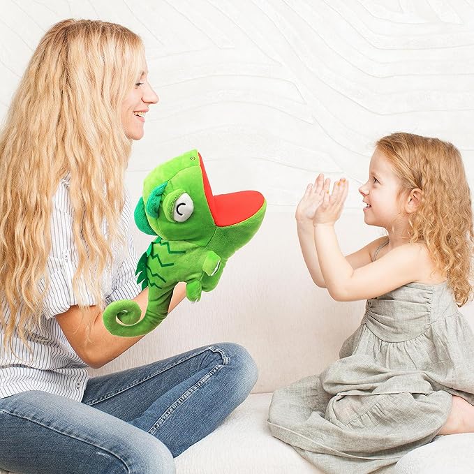 Cuteoy Plush Chameleon Hand Puppet Stuffed Animal Toy Open Movable Mouth Creative Role Play Storytelling Dinosaur Plushies Gifts for Kids Toddlers Birthday Christmas