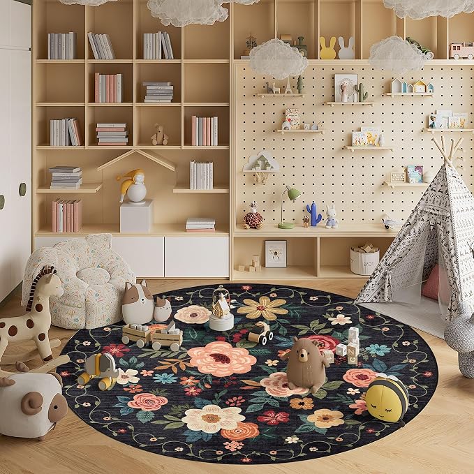 DUKINO 6ft Round Rug, Soft Washable Circle Rug for Bedroom Non Slip, Black | Low Pile, Stain Resistant Indoor Rug for Living Room, Dining Room, Kids Room, Office, Pet Friendly, Home Decor, Non-Shedding