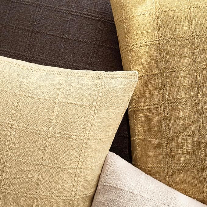 Foindtower Set of 2 Decorative Linen Check Throw Pillow Covers Neutral Farmhouse Vintage Cushion Covers Modern Boho Accent Home Decor for Sofa Chair Couch Bedroom Living Room,18×18 Inch,Amber Gold