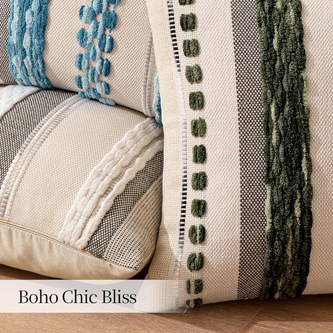 ANRODUO Boho Decorative Pillow Covers 18x18 Dark Green Stripe Pack of 2 | Throw Pillow Covers, Farmhouse Cushion Case, Chenille Pillow Cases, Pillow Covers, Accent Neutral Pillowcase for Sofa Couch