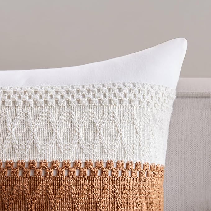 2pk Boho Pillow Covers 12x20, Natural White/Contrast/Caramel | 100% Organic Cotton Body, Stripe Embroidery, Farmhouse Decorative Cushion Covers for Sofa Bed Living Room Home Decor