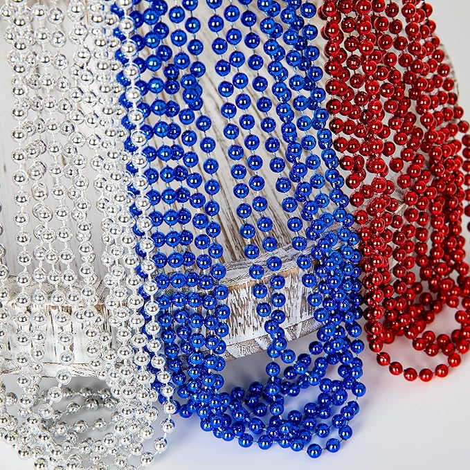 4th of July Necklace Accessories, 72PCS Independence Day Beads Necklace Bulk, Round Fourth of July Red Blue Silver Beads Party Favors, Bead Bulk for Patriotic Parade Party Celebration