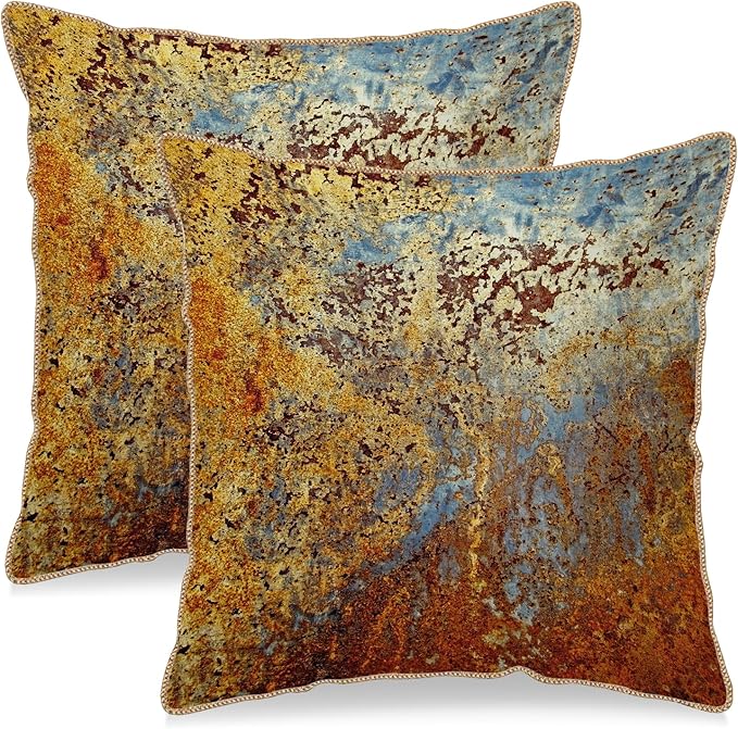 KSLIDS Brown Rust Soft Velvet Throw Pillow Covers Set of 2 Gold Orange Teal Rustic Decorative Pillow Covers 16x16 Inch Rusty Copper Metallic Bronze Pillow Case for Sofa Couch Living Room Home Decor
