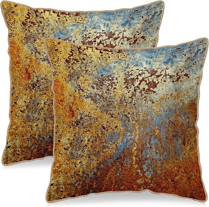 KSLIDS Brown Rust Soft Velvet Throw Pillow Covers Set of 2 Gold Orange Teal Rustic Decorative Pillow Covers 20x20 Inch Rusty Copper Metallic Bronze Pillow Case for Sofa Couch Living Room Home Decor