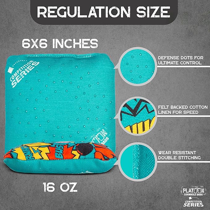 Play Platoon Competition Series Cornhole Bags Set of 8 Regulation Professional Weight Double Sided Slick and Stick with Rubber Sticky Dot Slow Side for Pro Corn Hole Bean Bag Toss Game-Designed in USA