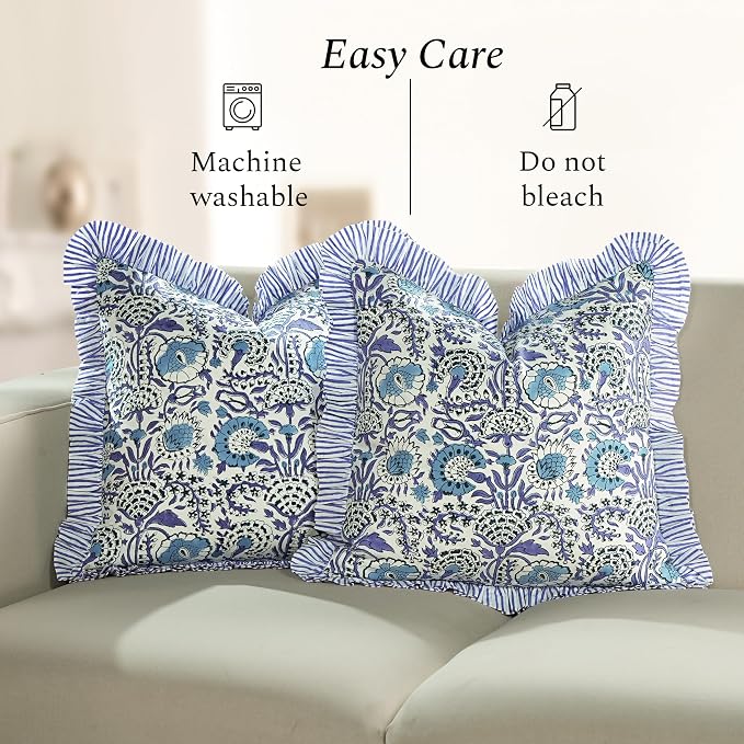 CPC Indigo Blue Ruffle Throw Pillow Covers for Couch, 20x20 Inch Cotton Stripe Ruffle Couch Pillows for Living Room, Hidden 16 Inch Zipper Boho Pillow Case or Cute Outdoor Pillows