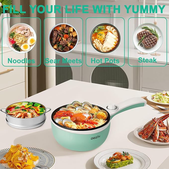 Dezin Hot Pot Electric with Steamer, 1.5L Non-Stick Portable Electric Pot | Dual Power, Upgraded 700W Electric Pot for Cooking Steak, Egg, Oatmeal, Ramen Cooker for Dorm, Travel, RV, Office, Green Pan