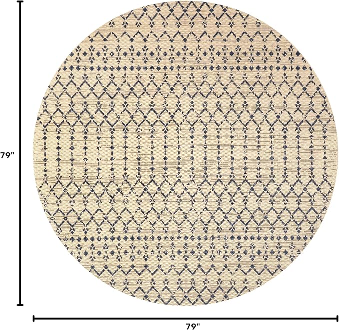 JONATHAN Y Moroccan Geometric Indoor Outdoor Round Area Rug 6 Ft Beige/Navy, Ourika Textured Weave for Backyard, Patio, Porch, Easy-Cleaning, High Traffic, Pet-Friendly, Non-Shedding (SMB108H-6R)