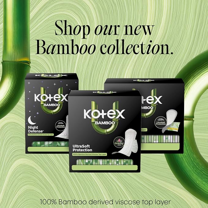 Kotex Bamboo Ultra Thin Pads with Wings, Regular Absorbency, 34 Count (Packaging May Vary)