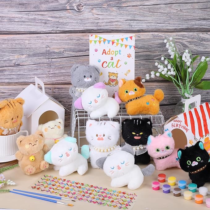 31 Pieces Adopt a Cat Party Favors 12 Mini Plush Stuffed Cats with Keychain Include Adopt a Cat Sign DIY White Cats House, Paint, Brushes & Stickers for Birthday Xmas DIY Craft Party Gifts