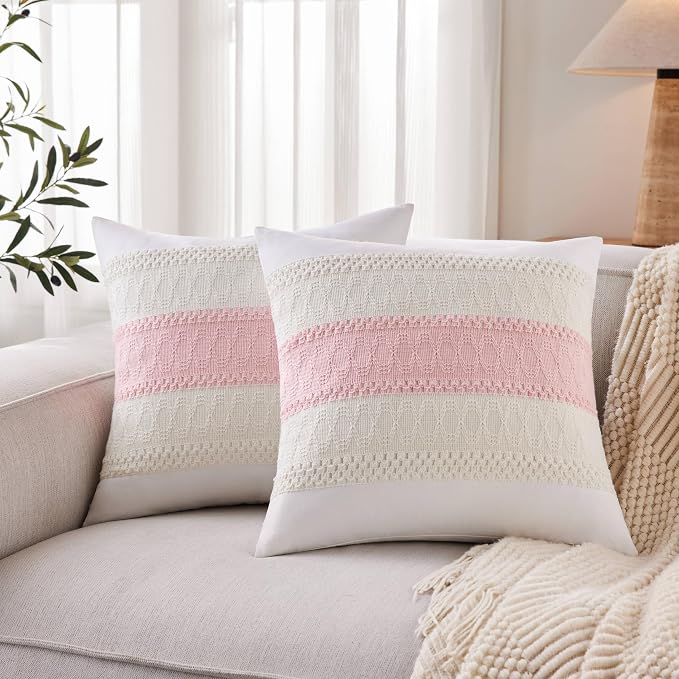 2pk Boho Pillow Covers 16x16, Natural White/Contrast/Light Pink | 100% Organic Cotton Body, Stripe Embroidery, Farmhouse Decorative Cushion Covers for Sofa Bed Living Room Home Decor