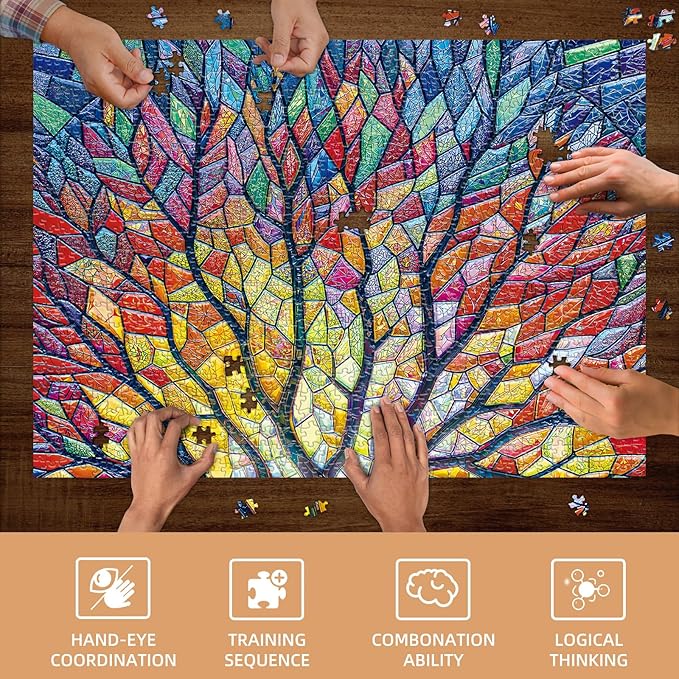 Sutinban Stained Glass Tree Puzzles for Adults 1000 Pieces, Colorful Mosaic Tree of Life Jigsaw Puzzle, Impossible Challenging Difficult 1000 Pieces Puzzles Game for Family