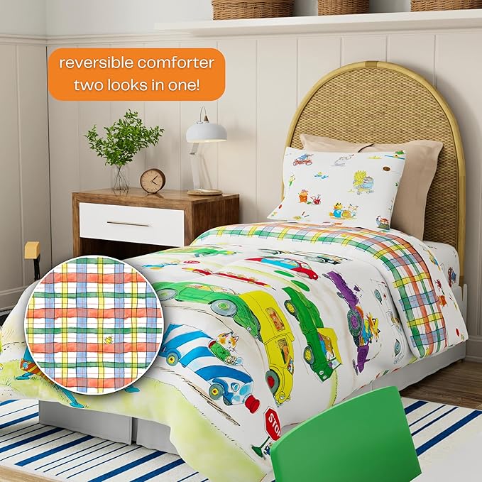 Richard Scarry's Cars & Trucks Book Kids Bedding Set, Twin Size, 4-Piece Super Soft Cozy Reversible Comforter & Sheet Set (Officially Licensed Product) by Franco | Durable, Reversible, Officially Licensed
