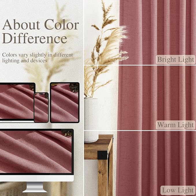Canyon Rose Linen Curtains for Living Room 63 Inches Long 2 Panel Set Light Filtering Linen Drapes for Kitchen Windows Rod Pocket Back Tab Short See Through Curtain Country Farmhouse Decor 52x63