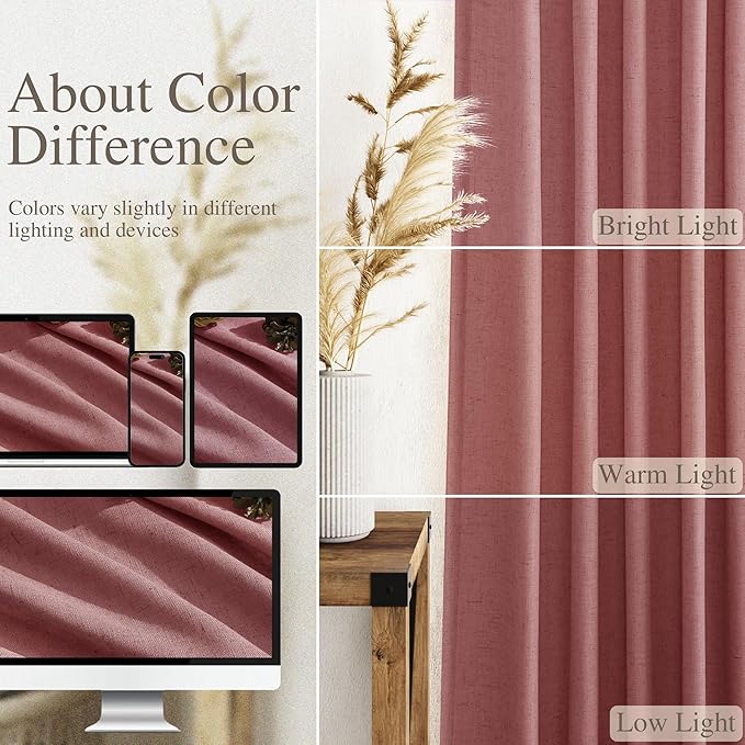 Canyon Rose Linen Curtains 72 Inch Length for Living Room Sheer Lightweight Door Drapes 2 Panels Set for Kids Bedroom Light Filtering Back Tab Rod Pocket Curtain for Kitchen Protect Privacy 52x72