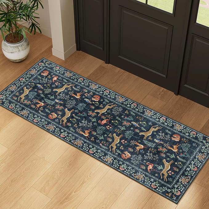 DUKINO 2x5 Rug for Hallway, Washable Animal Runner Rug Non Slip, Navy Blue | Low Pile, Stain Resistant, Soft Indoor Carpet Runner for Kitchen, Entryway, Bedroom, Bathroom, Pet Friendly, Lightweight