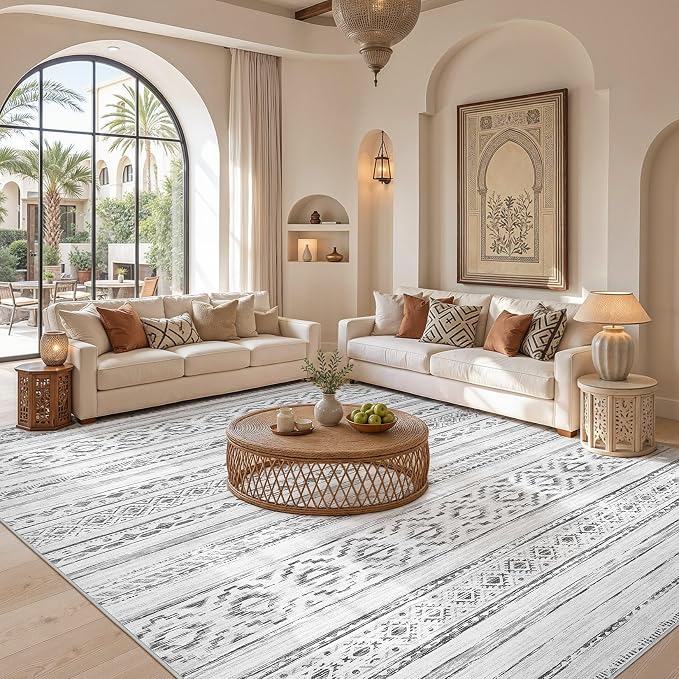 cotiled 8x10 Area Rugs Living Room Rug: Washable Boho Rugs with Non Slip Backing Large Soft Indoor Stain Resistant Carpet for Bedroom Farmhouse Dining Room Lightweight Home Decor Cream Grey
