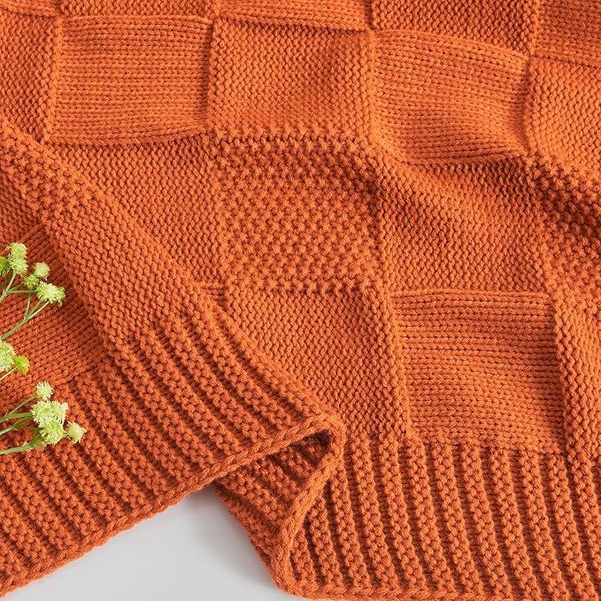 CozeCube Rust Orange Knitted Checkered Throw Blanket 50"X60" | Check Knit Throw for Couch, Decorative Christmas Soft Cozy Warm Blanket for Bed Sofa Living Room
