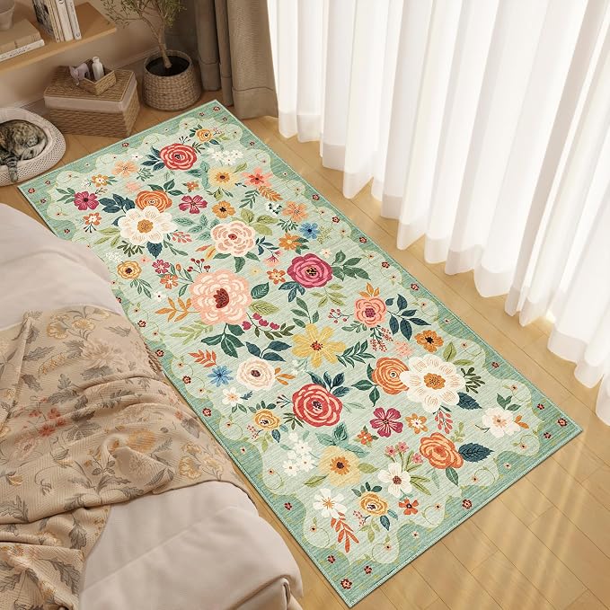 DUKINO 3x6 Runner Rug, Non Slip Floral Washable Rug for Kitchen, Green | Low Pile, Non Shedding, Soft Thin Indoor Rug for Hallway, Bedroom, Bathroom, Entryway, Laundry, Pet Friendly, Home Decor