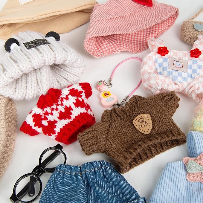 17cm Doll Clothes for Labubu - Kawaii Chic Style Set for 17cm Dolls, Cute Doll Outfit with Accessories - Pink and White Check Romper + Heart Shaped Pink Hat (Clothes Only)