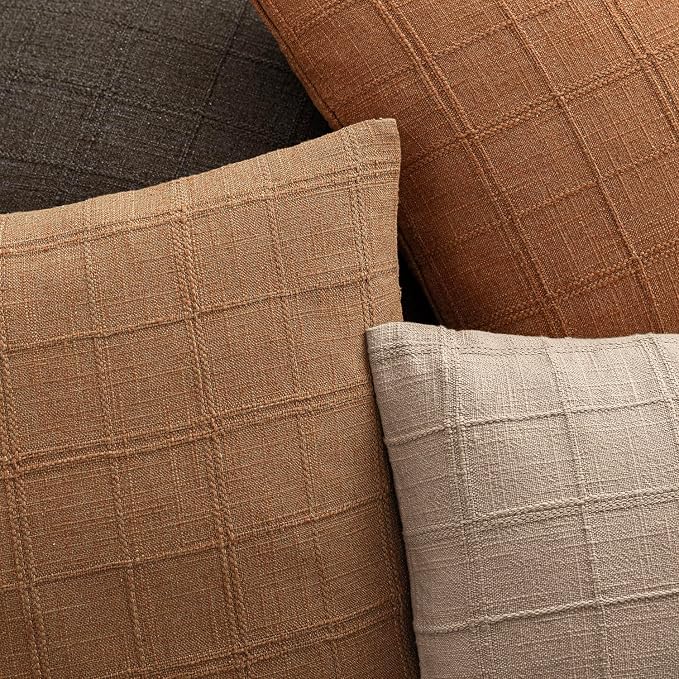 Foindtower Set of 2 Decorative Linen Check Throw Pillow Covers Neutral Farmhouse Vintage Cushion Covers Modern Boho Home Decor for Sofa Chair Couch Bedroom Living Room,22×22 Inch,Brick