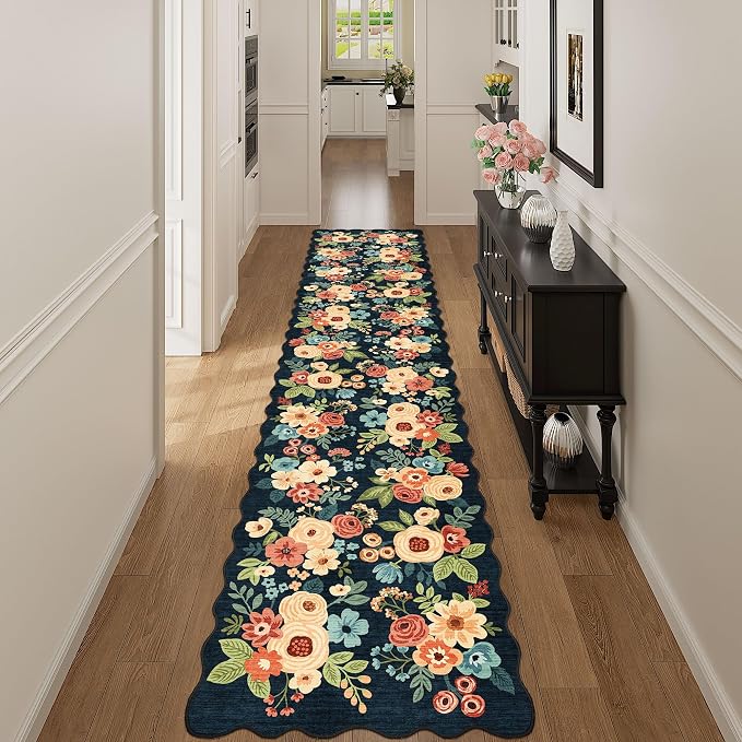 DUKINO 2x12 Washable Runner Rug, Long Runner Rug for Hallway, Navy Blue | Non Slip, Low Pile, Soft Floral Throw Rug Runner for Kitchen, Entryway, Bedroom, Bathroom, Pet Friendly, Modern Home Decor