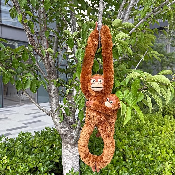 2pcs Orangutans Hanging Stuffed Animal Mother with Baby Hangs Plush Toys, Hooks and Stuffed Animals with Rings for Kids 4-8, Gifts for Boys and Girls（Red）