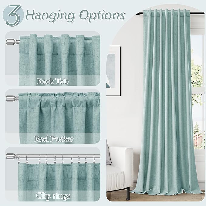 Guken Light Blue 100% Blackout Linen Curtains 96 Inch Length 2 Panels Set for Living Room Bedroom Back Tab/Rod Pocket Thermal Insulated Black Out Drapes Room Darkening Farmhouse Window Curtains