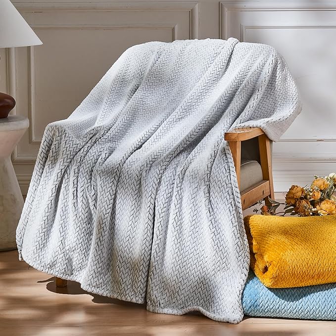 NEWCOSPLAY Fleece Leaves Pattern Throw Blanket, Frosty Dark Grey, 50"x60" | Super Soft Throw Blanket, Lightweight Cozy Bed Sofa Blanket, Premium Silky Flannel Fleece, Travel Blanket for All Season Use