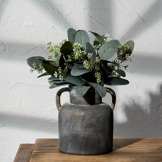 Emotionally Grounded Vase, Vaseking Ceramic Rustic Vase with 2 Handles, 6.1 inch Minimalist Decorative Farmhouse Vases for Home Decor, Living Room, Enterway, Table Decoration, Black Bronze