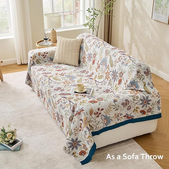 VANJOROY Boho Throw Blanket, 100% Organic Cotton Breathable Skin-Friendly Ultra Soft Bed Quilt Throw - All Season Floral Farmhouse Décor Luxury Blanket for Sofa Couch Chair and Gift. 50" x 60"
