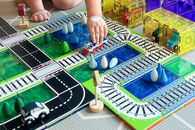 Learn & Grow Magnetic Tiles Train Track Road Toppers Set - 40PCs Road Expansion Pack (Tiles not included), Magnet Car Play Accessories, STEM Building Toy - Construction Toys for Toddlers & Kids Age 3+