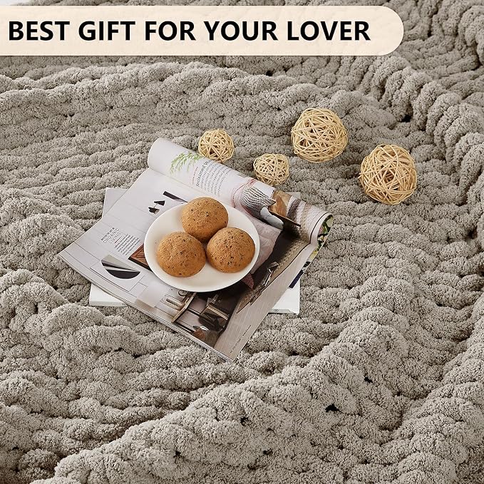 L'AGRATY Chunky Knit Throw Blanket for Couch, 80 x 90 Inches, Light Linen | Handmade Chenille Crochet Blanket for Sofa Bed, Thick Cable Knitted Blankets for Room Home Decor, Birthday Gift for Women Mom