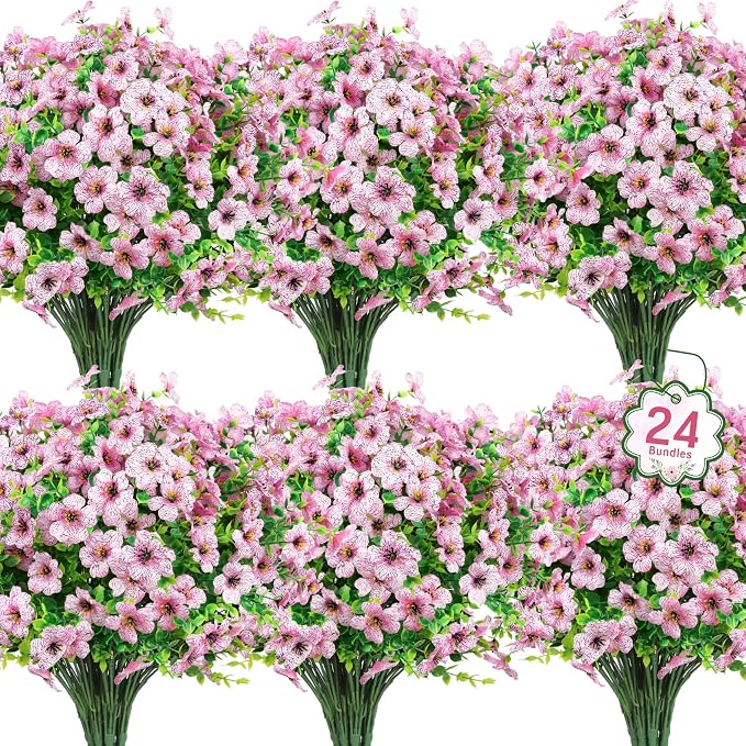 Ouddy Decor 24 Pcs Artificial Flowers for Outdoors Decorations, Pink | Lifelike silk flowers, UV resistant, faux plastic plants, for garden porch window table vase home indoor outdoor decor
