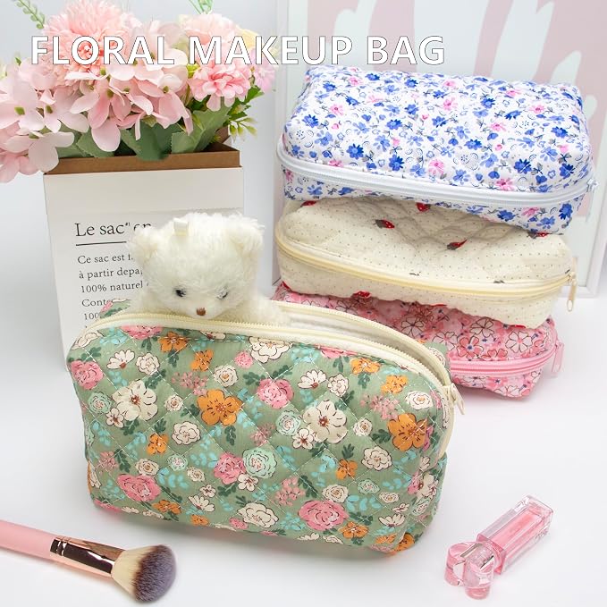 PAZIMIIK Small Quilted Makeup Bag,Zipper Cosmetic Pouch,Green Floral,6 Pack | Lightweight Cosmetic Bag Organizer for Women,Purse Storage Holds Makeup,Toiletries,Skincare,Beauty Essentials,Travel Items