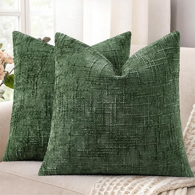 decorUhome Textured Chenille Throw Pillow Covers 18x18 Set of 2 Emerald | Fall Modern Farmhouse Soft Cozy Slubby Couch Pillow Cases Boho Decorative Pillow Cases for Bed Sofa Living Room Home Decor