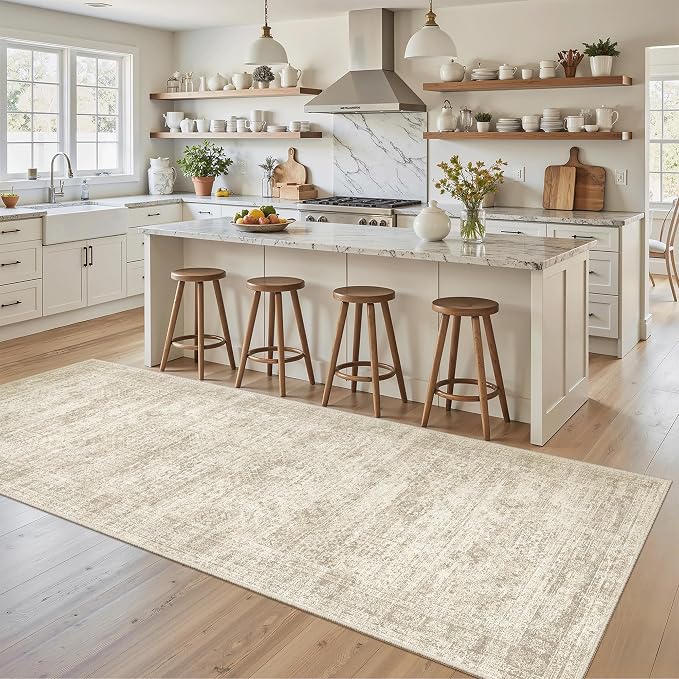 Soalmost Washable Kitchen Runner Rug 3x6 Hallway Entry Rugs Non-Slip, Beige | Vintage Runners 6ft for Bathroom Laundry Room, Foldable Low-Pile Floor Carpet Mat for Entryway Corridor Bedroom
