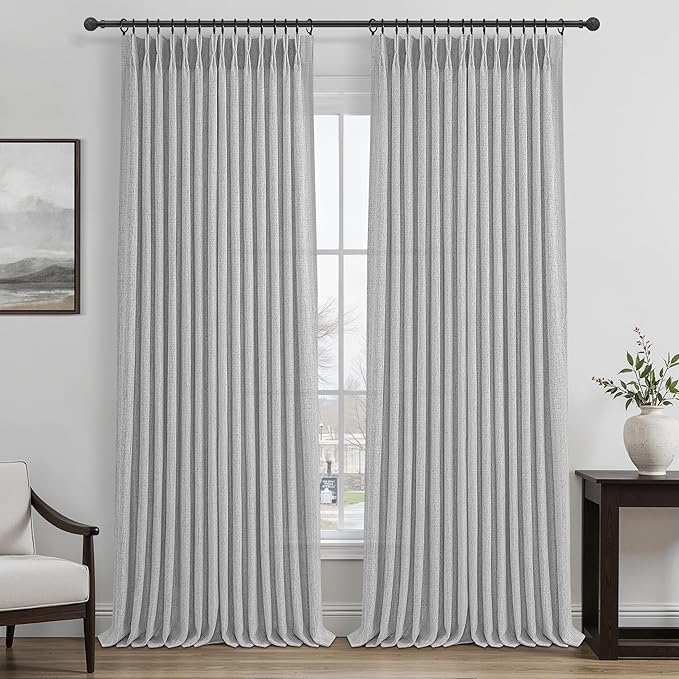 Natural Linen 100 Inch Light Grey Patio Curtains for Sliding Glass Doors, Memory Trained Pinch Pleated Light Filtering Semi Sheer Bedroom Neutral Windows Curtain 2 Panels Set Non See Through Drapes